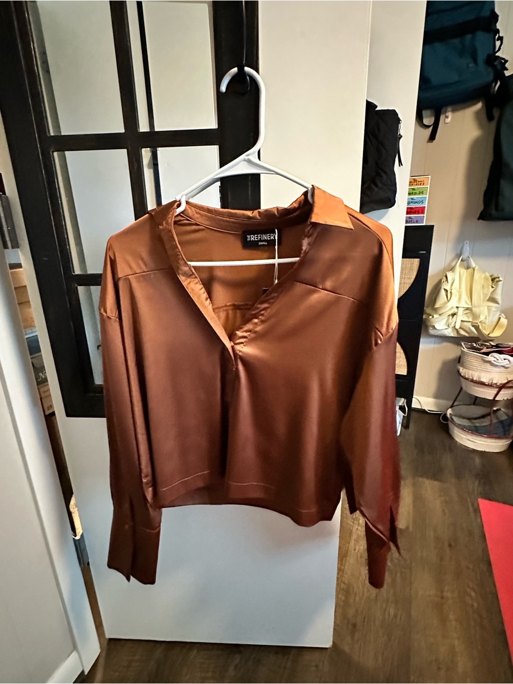 Satin Long-Sleeve V-Neck Top in Burnt Copper